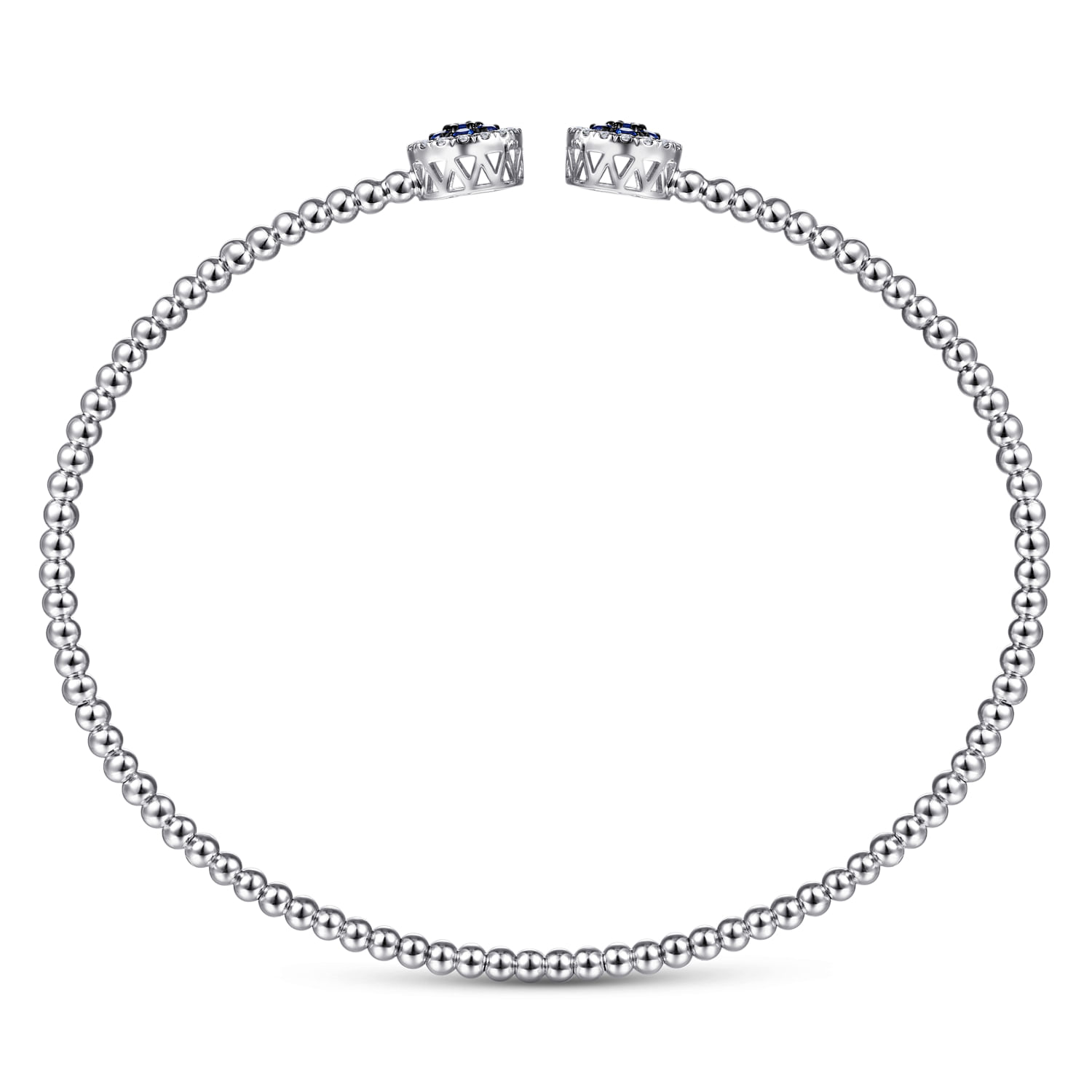 14K White Gold Bujukan Bead Cuff Bracelet with Sapphire and Diamond Halo Caps