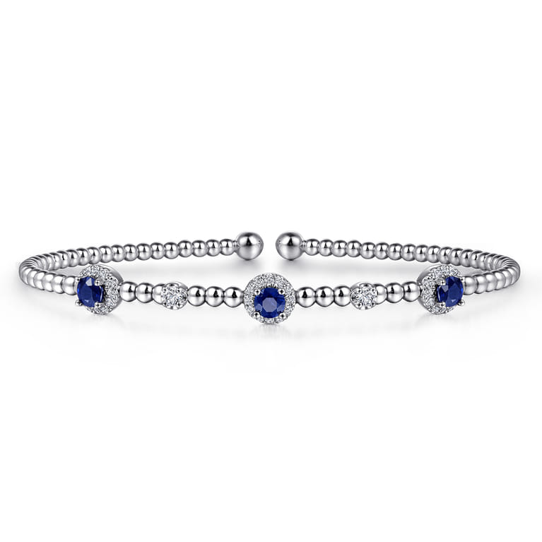 14K White Gold Bujukan Bead Cuff Bracelet with Sapphire and Diamond Halo Stations - 0.2 ct - Shot 1
