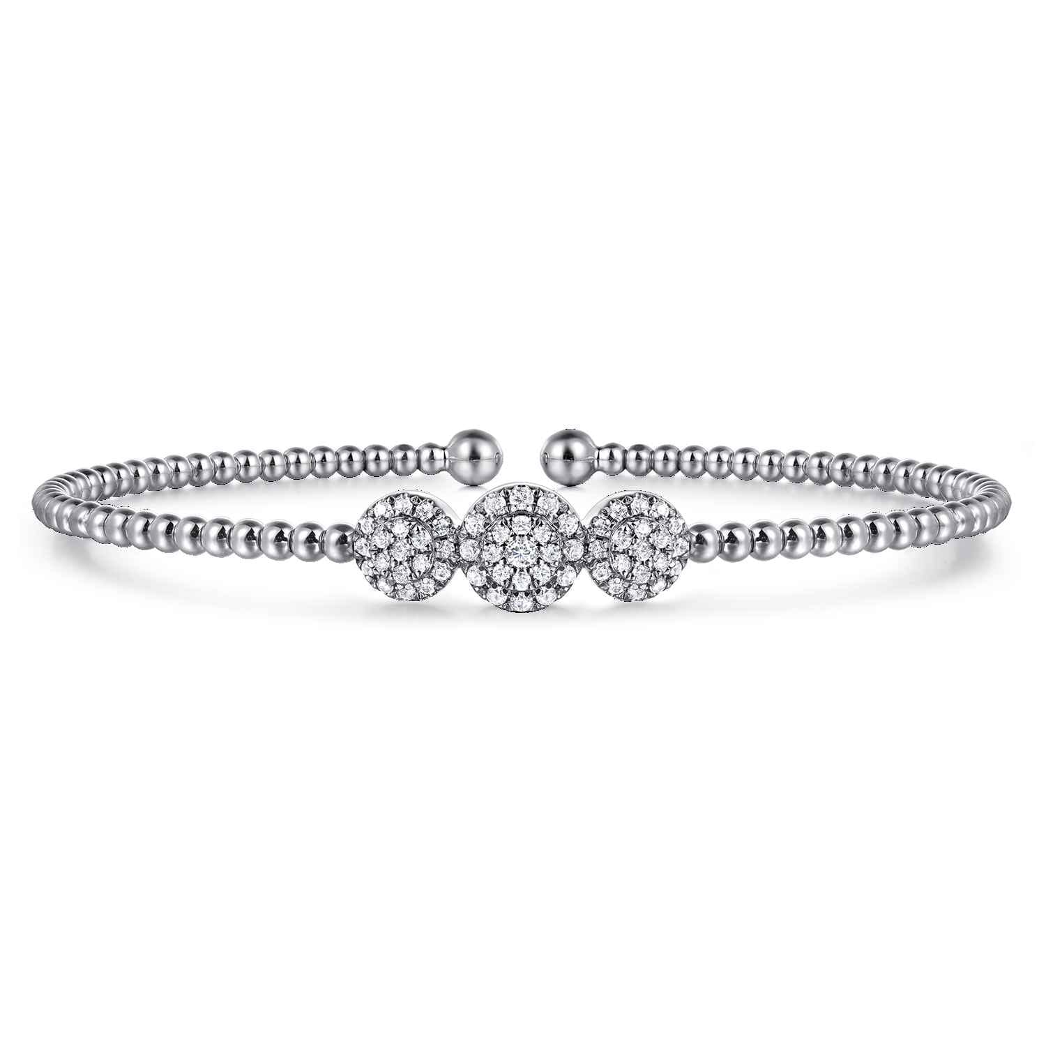 14K White Gold Bujukan Bead Cuff Bracelet with Three Pav¿ª Diamond Stations - 0.32 ct - Shot 1