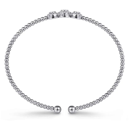 14K White Gold Bujukan Bead Cuff Bracelet with Three Pav¿ª Diamond Stations
