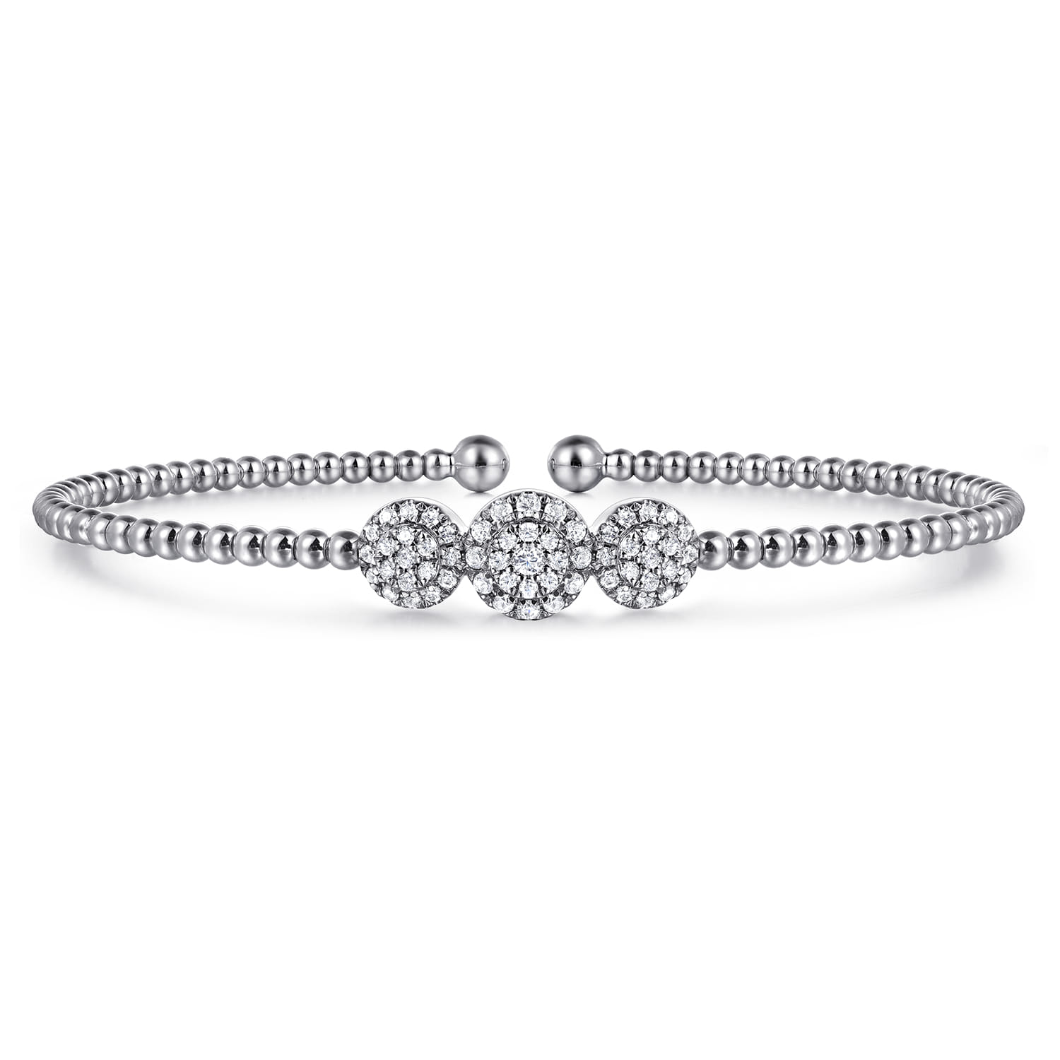 14K White Gold Bujukan Bead Cuff Bracelet with Three Pav¿ª Diamond Stations - 0.32 ct - Shot 1