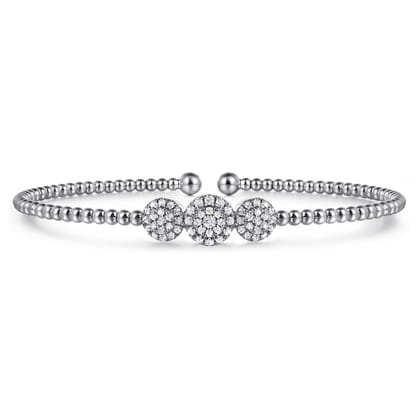 14K White Gold Bujukan Bead Cuff Bracelet with Three Pav¿ª Diamond Stations