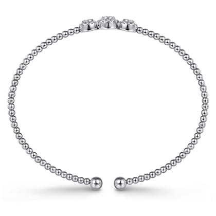 14K White Gold Bujukan Bead Cuff Bracelet with Three Pav¿ª Diamond Stations