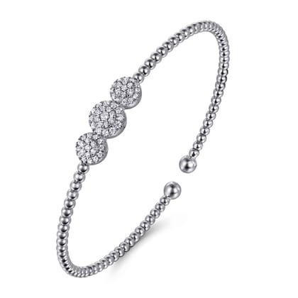 14K White Gold Bujukan Bead Cuff Bracelet with Three Pave Diamond Stations