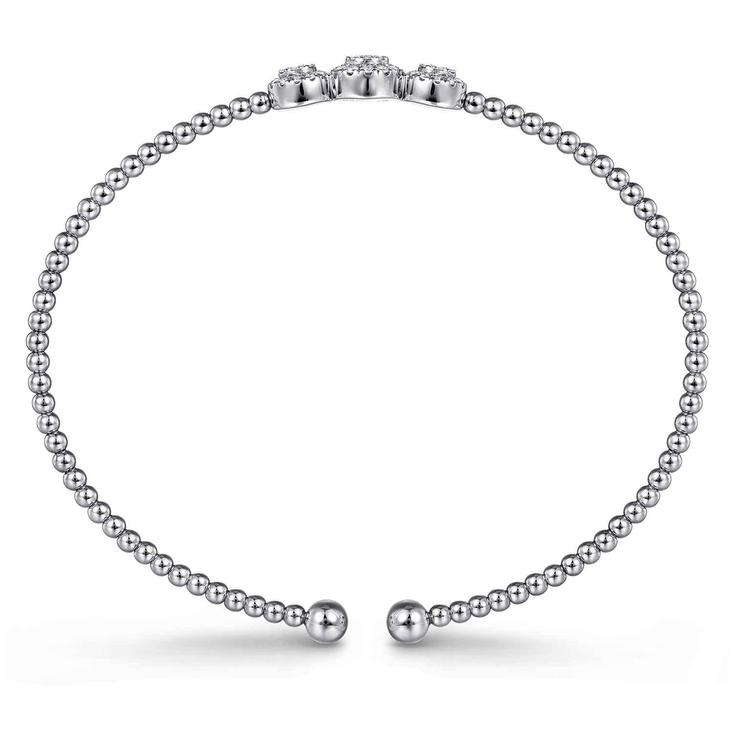 14K White Gold Bujukan Bead Cuff Bracelet with Three Pave Diamond Stations - 0.32 ct - Shot 3