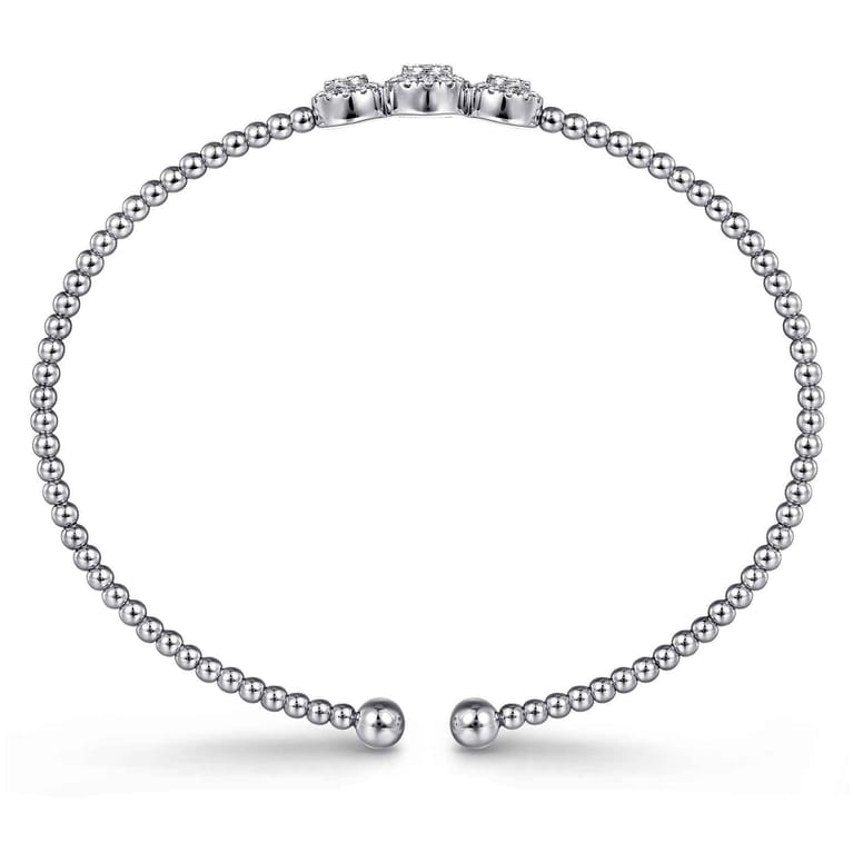14K White Gold Bujukan Bead Cuff Bracelet with Three Pave Diamond Stations - 0.32 ct - Shot 3