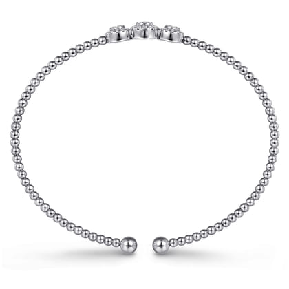 14K White Gold Bujukan Bead Cuff Bracelet with Three Pave Diamond Stations