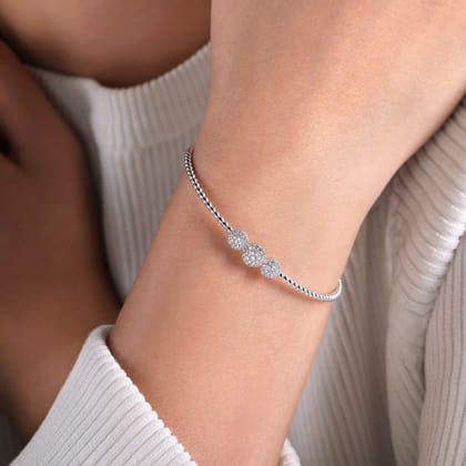 14K White Gold Bujukan Bead Cuff Bracelet with Three Pave Diamond Stations