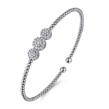 14K White Gold Bujukan Bead Cuff Bracelet with Three Pave Diamond Stations
