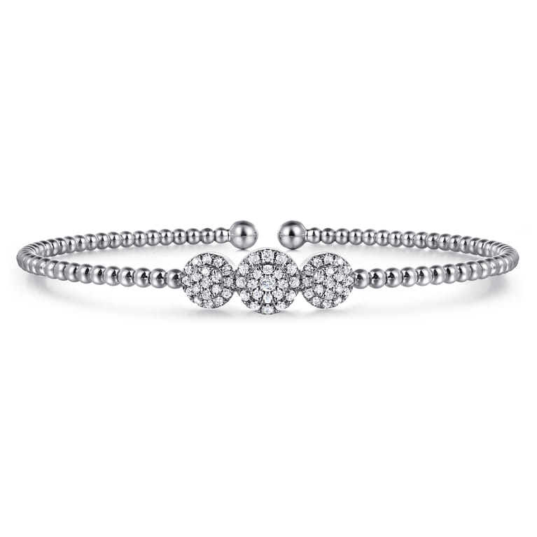 14K White Gold Bujukan Bead Cuff Bracelet with Three Pave Diamond Stations - 0.32 ct - Shot 1