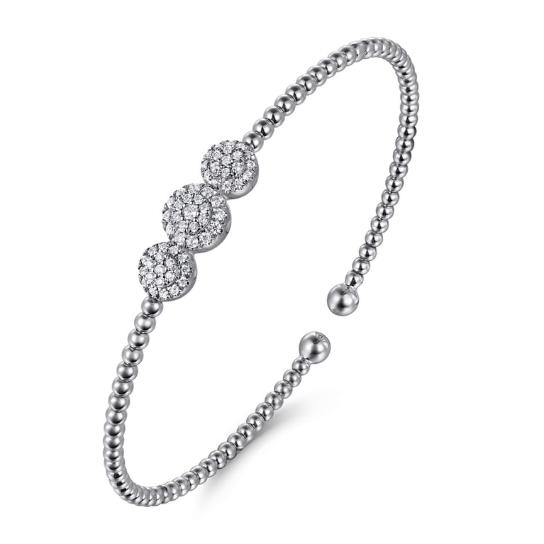 14K White Gold Bujukan Bead Cuff Bracelet with Three Pave Diamond Stations - 0.32 ct - Shot 2