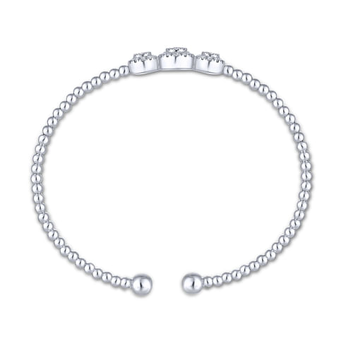 14K White Gold Bujukan Bead Cuff Bracelet with Three Pave Diamond Stations - 0.32 ct - Shot 3