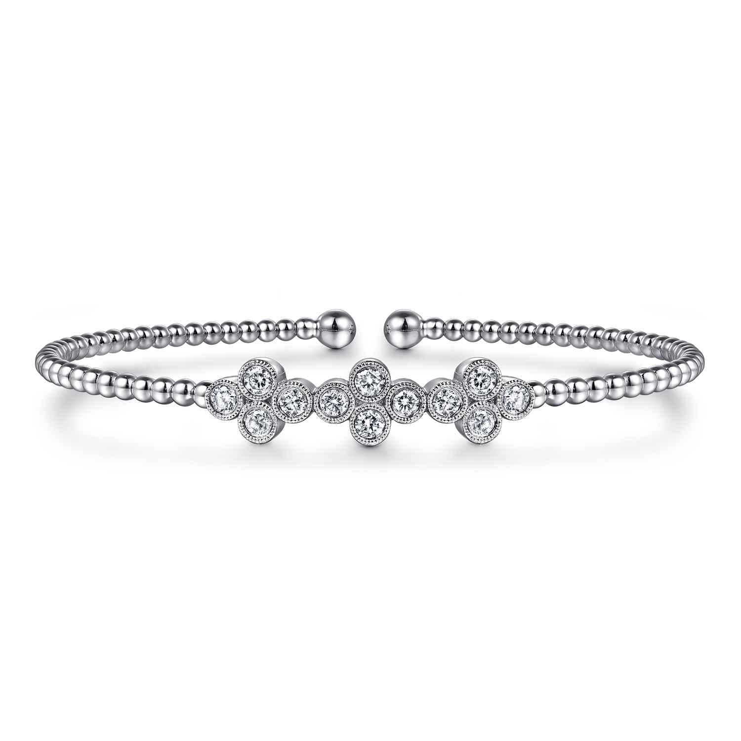 14K White Gold Bujukan Bead Cuff Bracelet with Three Quatrefoil Diamond Stations - 0.58 ct - Shot 1