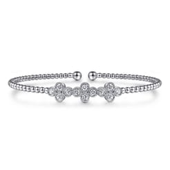 14K White Gold Bujukan Bead Cuff Bracelet with Three Quatrefoil Diamond Stations