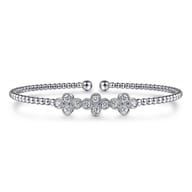 14K White Gold Bujukan Bead Cuff Bracelet with Three Quatrefoil Diamond Stations