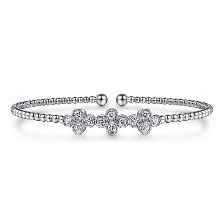 14K White Gold Bujukan Bead Cuff Bracelet with Three Quatrefoil Diamond Stations - 0.58 ct - Shot 1