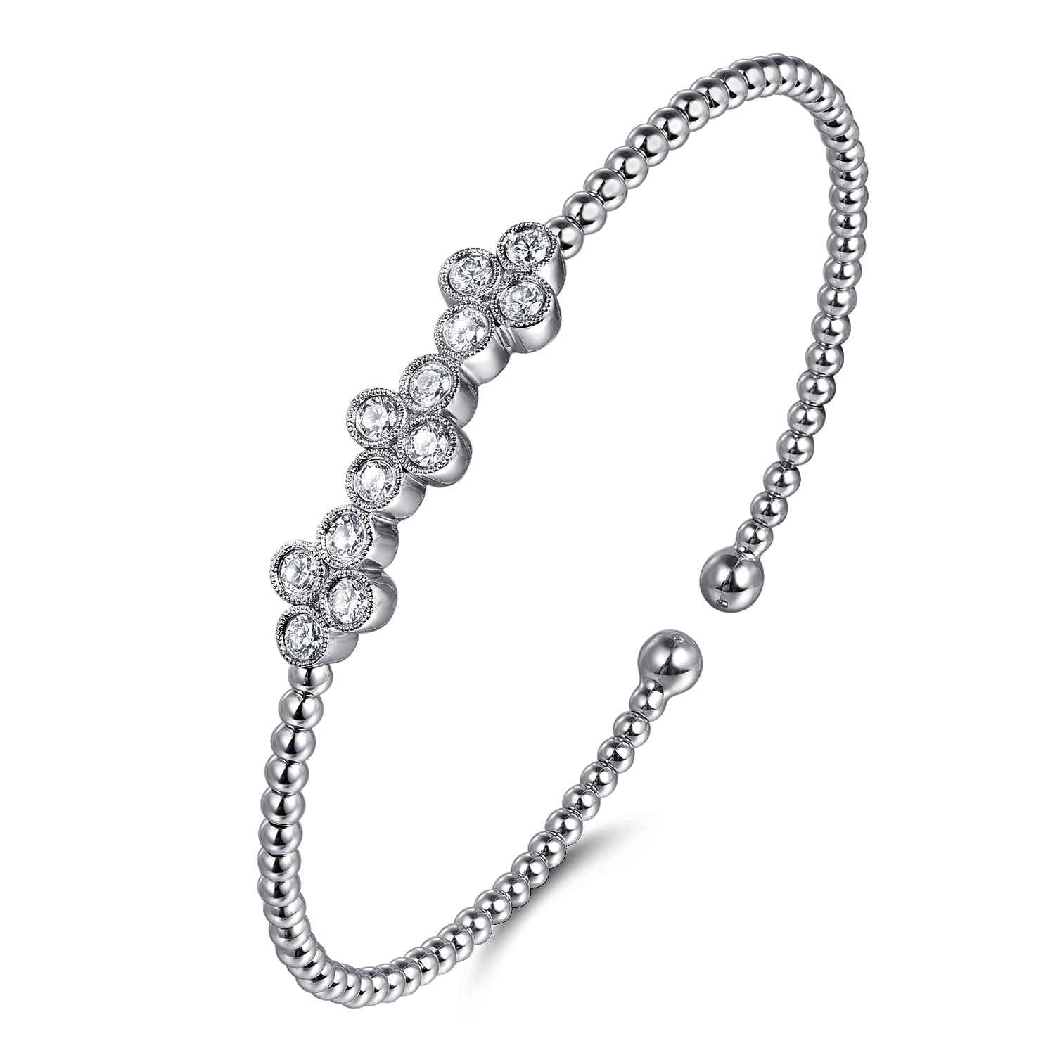 14K White Gold Bujukan Bead Cuff Bracelet with Three Quatrefoil Diamond Stations - 0.58 ct - Shot 2