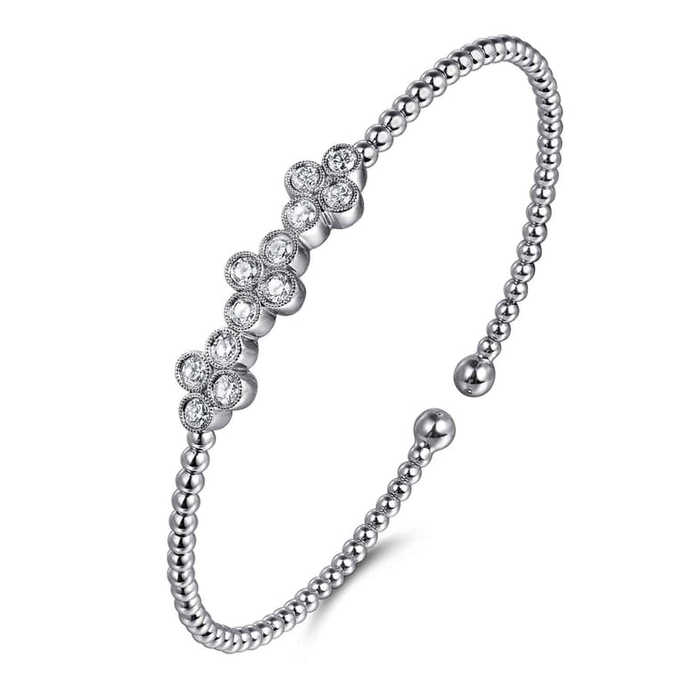 14K White Gold Bujukan Bead Cuff Bracelet with Three Quatrefoil Diamond Stations - 0.58 ct - Shot 2