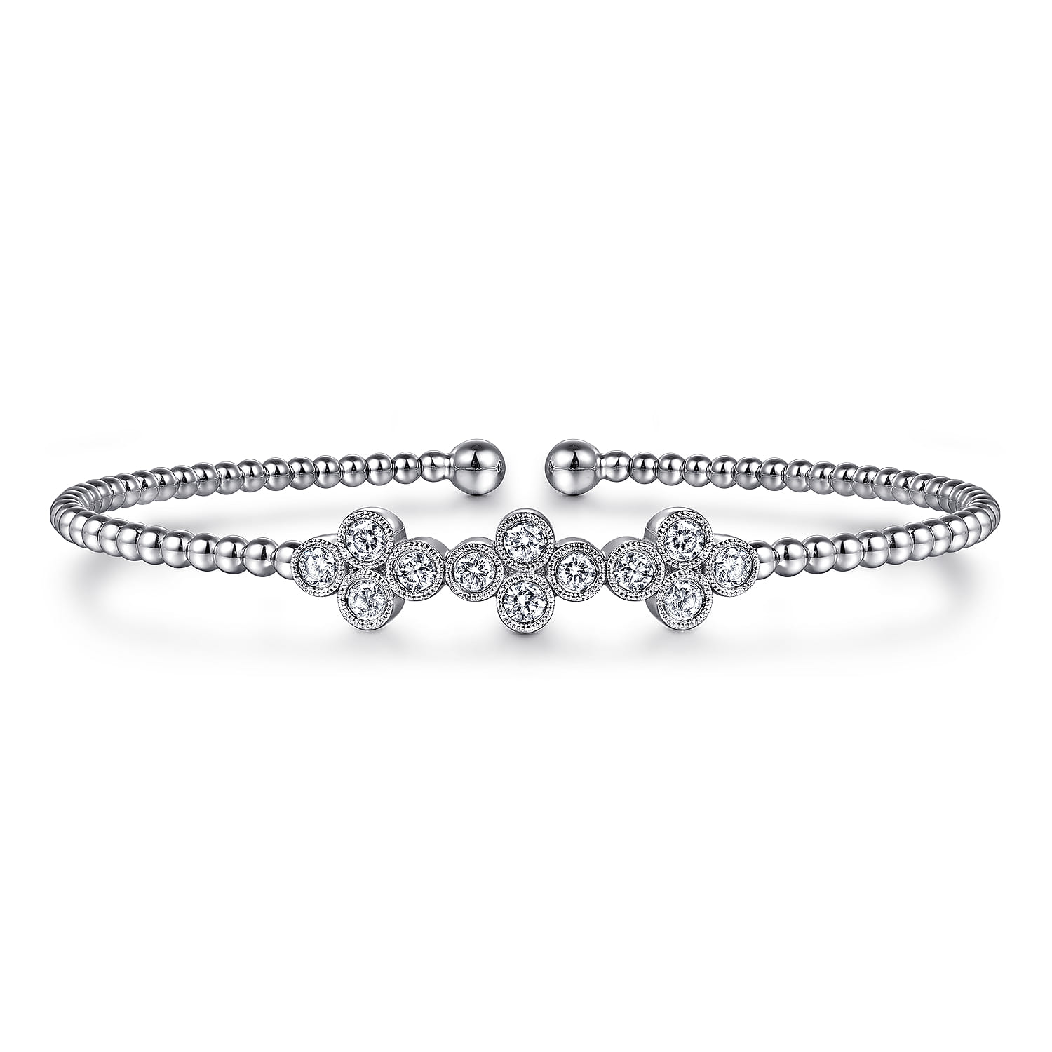 14K White Gold Bujukan Bead Cuff Bracelet with Three Quatrefoil Diamond Stations - 0.6 ct - Shot 1