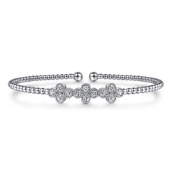 14K White Gold Bujukan Bead Cuff Bracelet with Three Quatrefoil Diamond Stations