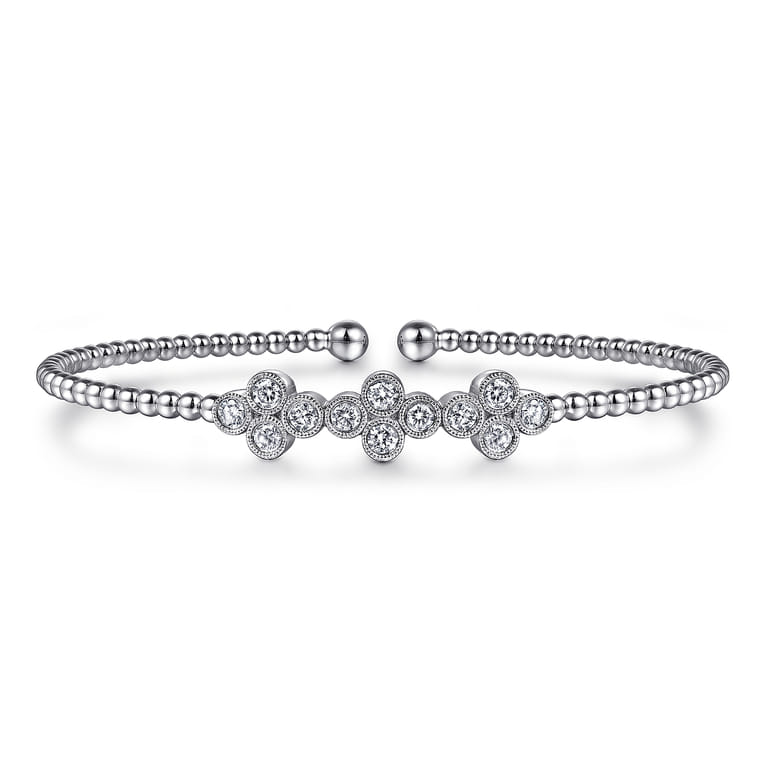 14K White Gold Bujukan Bead Cuff Bracelet with Three Quatrefoil Diamond Stations - 0.6 ct - Shot 1
