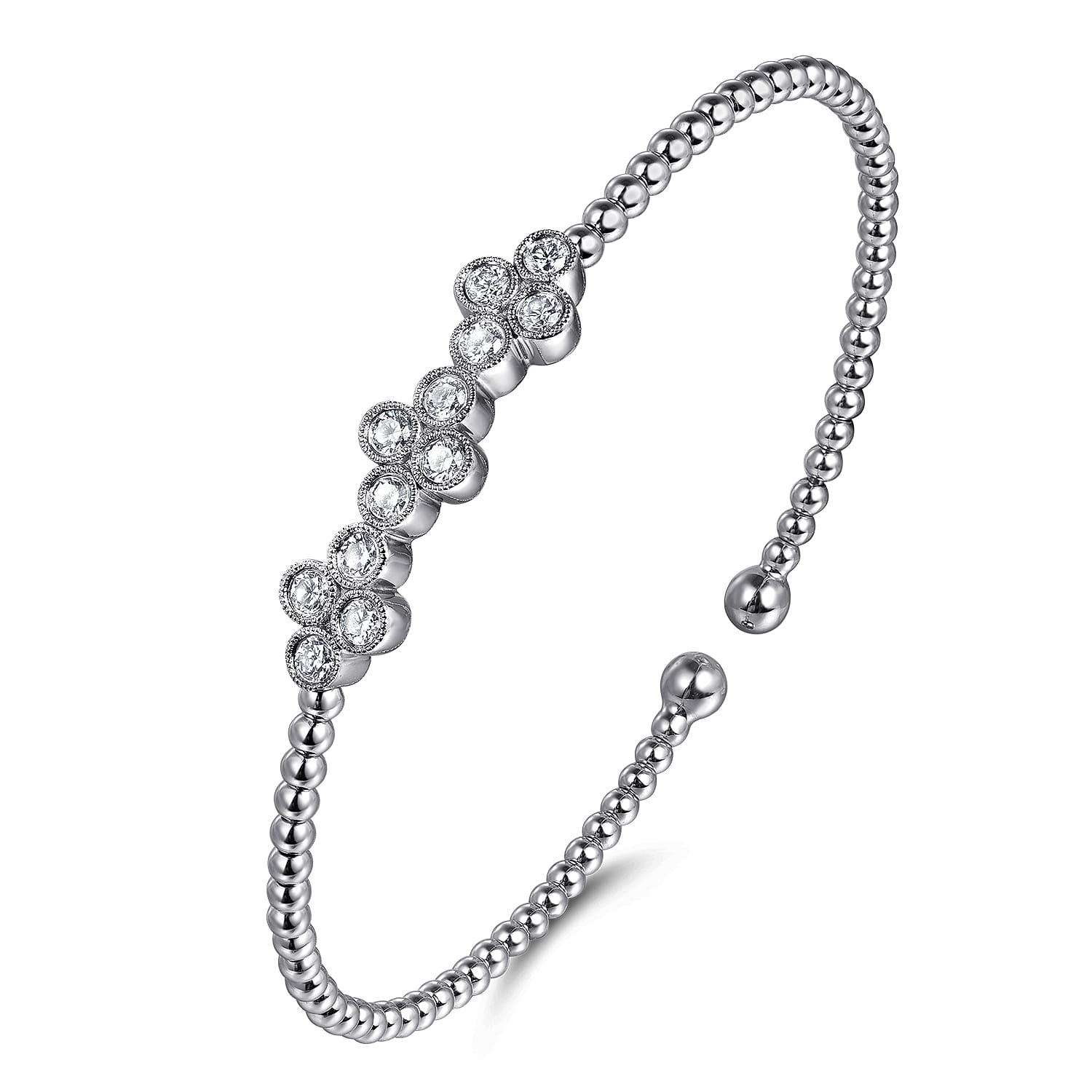 14K White Gold Bujukan Bead Cuff Bracelet with Three Quatrefoil Diamond Stations - 0.6 ct - Shot 2