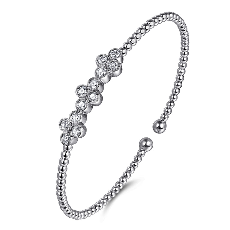 14K White Gold Bujukan Bead Cuff Bracelet with Three Quatrefoil Diamond Stations - 0.6 ct - Shot 2