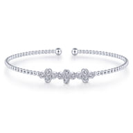 14K White Gold Bujukan Bead Cuff Bracelet with Three Quatrefoil Diamond Stations