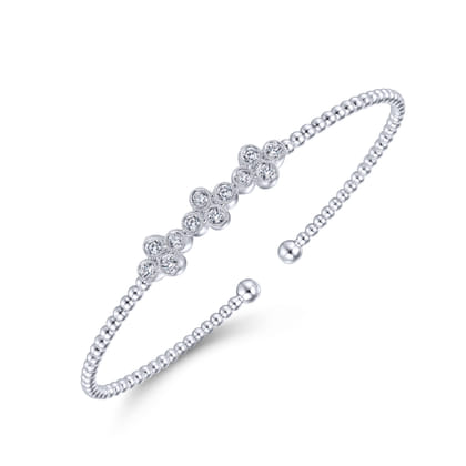 14K White Gold Bujukan Bead Cuff Bracelet with Three Quatrefoil Diamond Stations