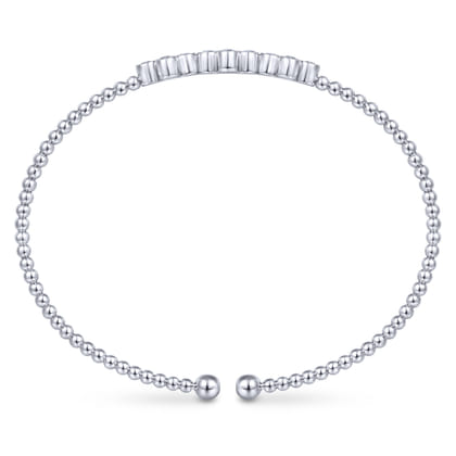 14K White Gold Bujukan Bead Cuff Bracelet with Three Quatrefoil Diamond Stations