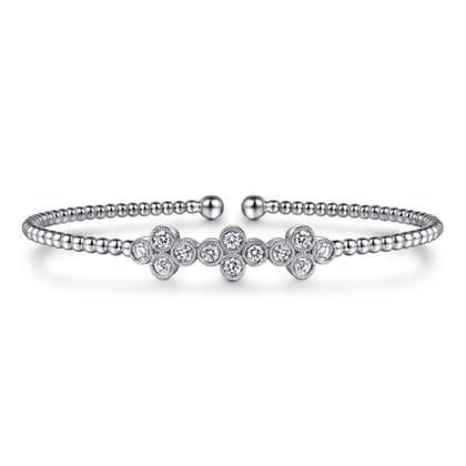 14K White Gold Bujukan Bead Cuff Bracelet with Three Quatrefoil Diamond Stations