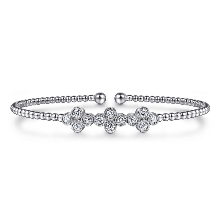 14K White Gold Bujukan Bead Cuff Bracelet with Three Quatrefoil Diamond Stations - 0.58 ct - Shot 1