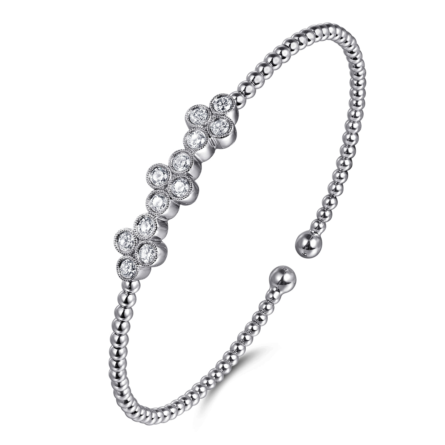 14K White Gold Bujukan Bead Cuff Bracelet with Three Quatrefoil Diamond Stations - 0.58 ct - Shot 2