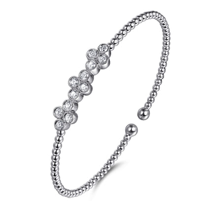 14K White Gold Bujukan Bead Cuff Bracelet with Three Quatrefoil Diamond Stations