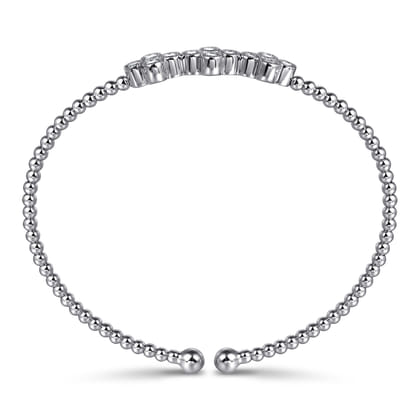 14K White Gold Bujukan Bead Cuff Bracelet with Three Quatrefoil Diamond Stations