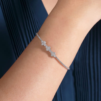 14K White Gold Bujukan Bead Cuff Bracelet with Three Quatrefoil Diamond Stations