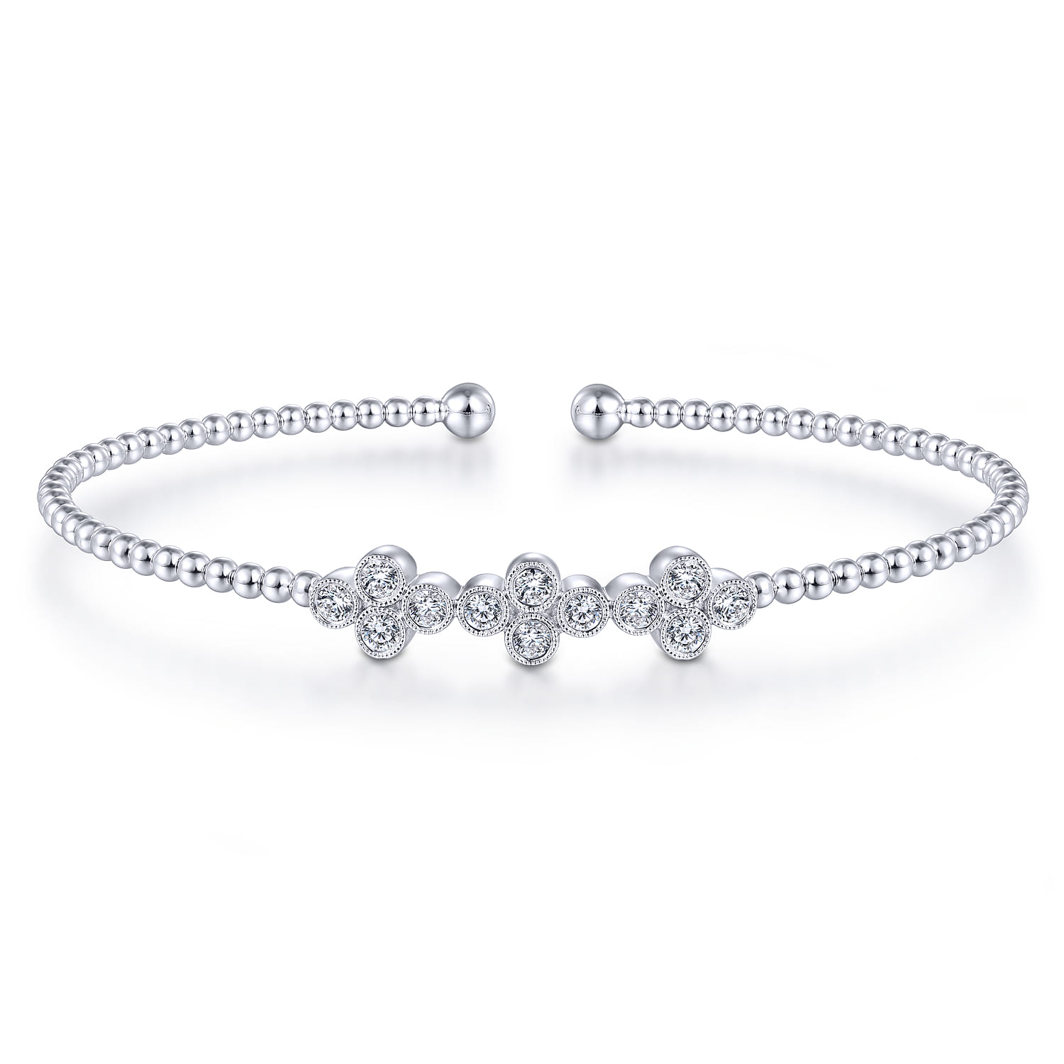 14K White Gold Bujukan Bead Cuff Bracelet with Three Quatrefoil Diamond Stations - 0.6 ct - Shot 1