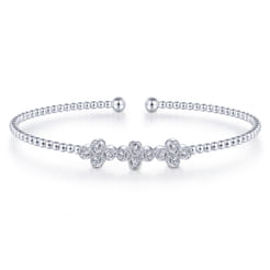 14K White Gold Bujukan Bead Cuff Bracelet with Three Quatrefoil Diamond Stations