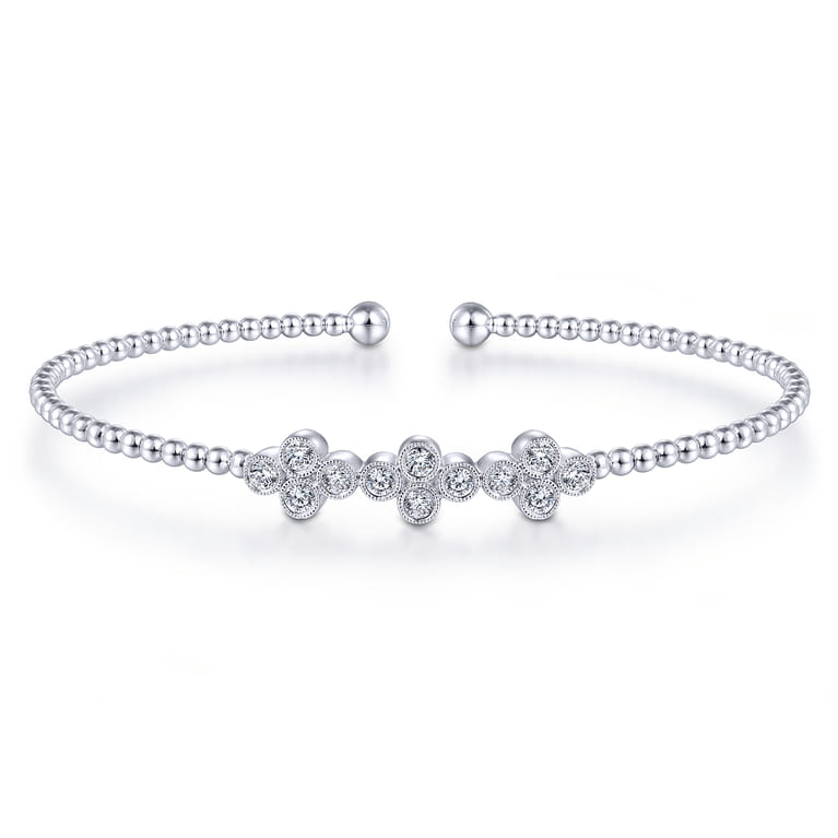 14K White Gold Bujukan Bead Cuff Bracelet with Three Quatrefoil Diamond Stations - 0.6 ct - Shot 1