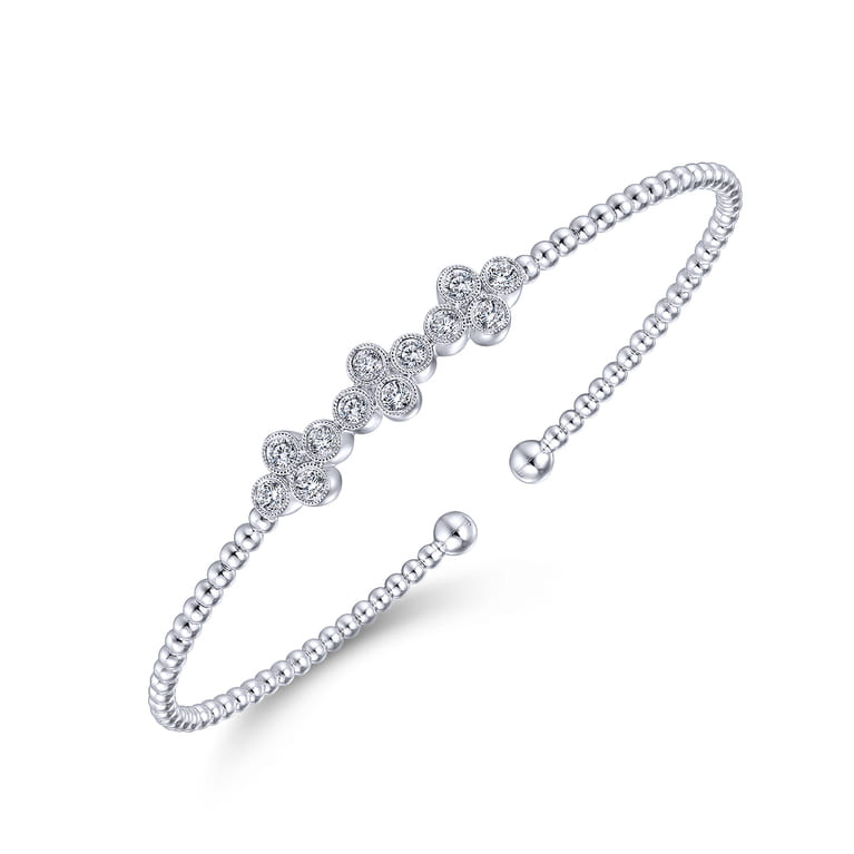 14K White Gold Bujukan Bead Cuff Bracelet with Three Quatrefoil Diamond Stations - 0.6 ct - Shot 2