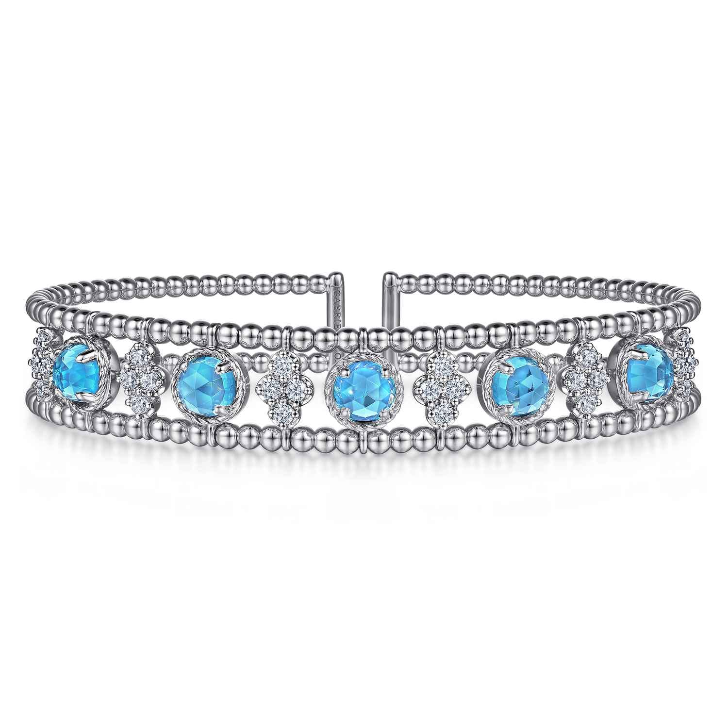 14K White Gold Bujukan Bead Diamond and Blue Topaz Cuff Bracelet - 0.57 ct - Shot 1