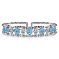14K White Gold Bujukan Bead Diamond and Blue Topaz Cuff Bracelet
