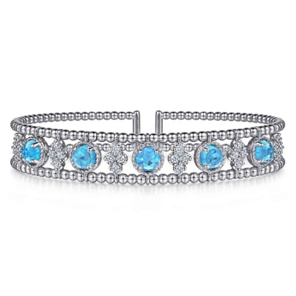 14K White Gold Bujukan Bead Diamond and Blue Topaz Cuff Bracelet