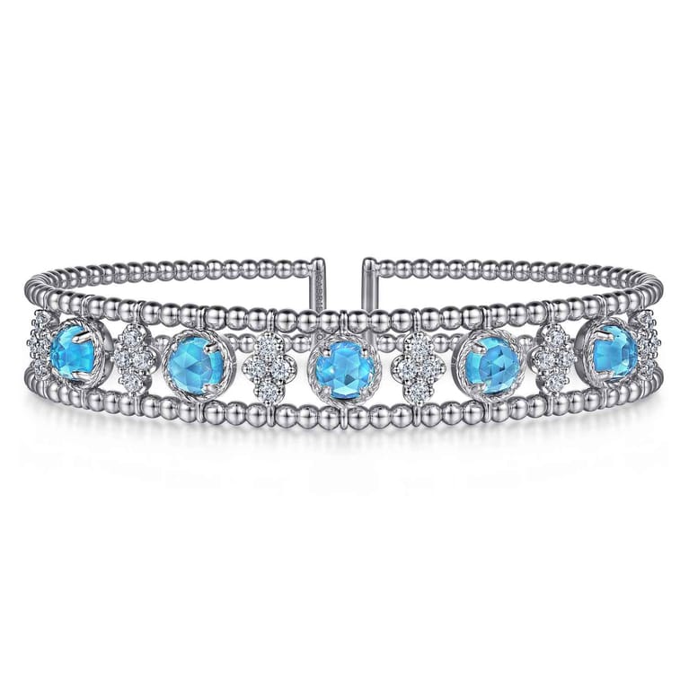 14K White Gold Bujukan Bead Diamond and Blue Topaz Cuff Bracelet - 0.57 ct - Shot 1