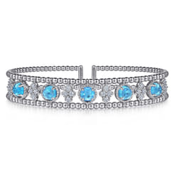 14K White Gold Bujukan Bead Diamond and Blue Topaz Cuff Bracelet