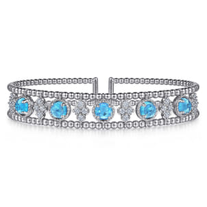 14K White Gold Bujukan Bead Diamond and Blue Topaz Cuff Bracelet