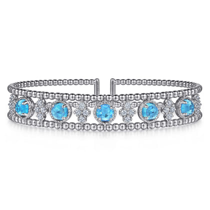14K White Gold Bujukan Bead Diamond and Blue Topaz Cuff Bracelet