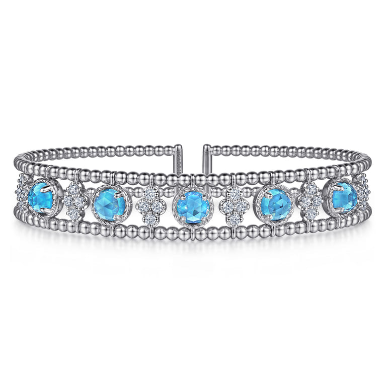 14K White Gold Bujukan Bead Diamond and Blue Topaz Cuff Bracelet - 0.57 ct - Shot 1