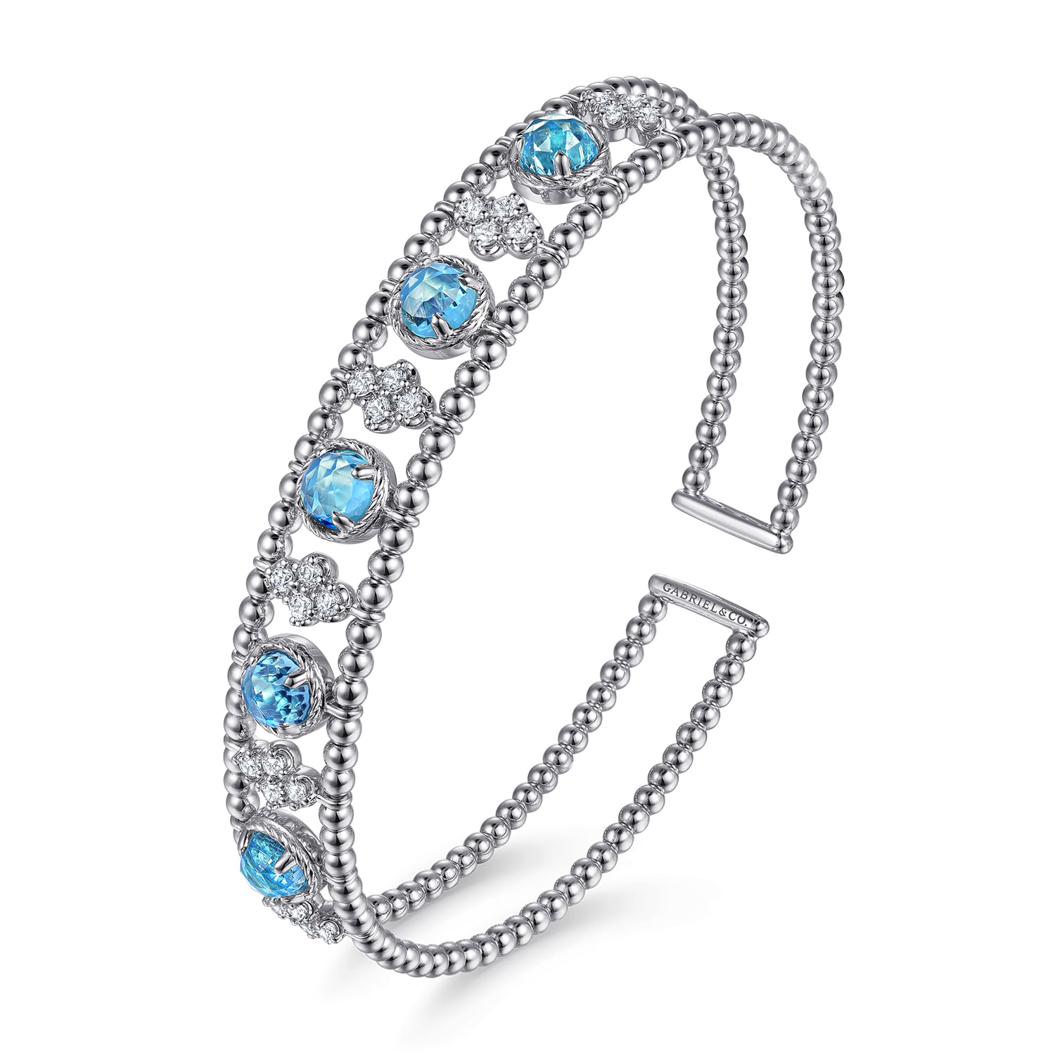14K White Gold Bujukan Bead Diamond and Blue Topaz Cuff Bracelet