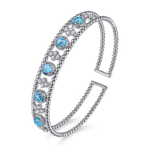 14K White Gold Bujukan Bead Diamond and Blue Topaz Cuff Bracelet
